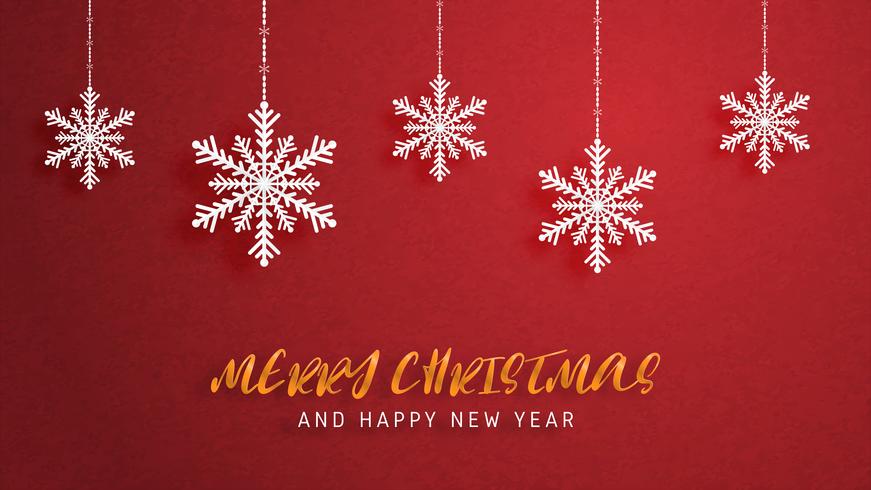 Buon Natale e felice anno nuovo biglietto di auguri in carta tagliata stile. Illustrazione vettoriale Celebrazione di Natale su sfondo rosso. Design per banner, flyer, poster, carta da parati, modello.