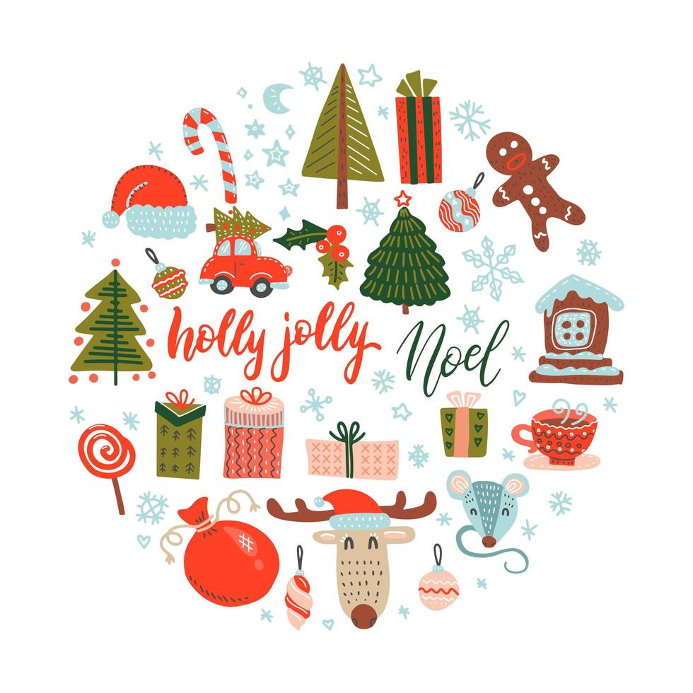 elementi di design natalizio di vettore di doodle di colore piatto. regalo di illustrazione disegnata a mano, cappello, cervo, guanti, fiocchi di neve. sfondo rotondo per biglietto di auguri, poster