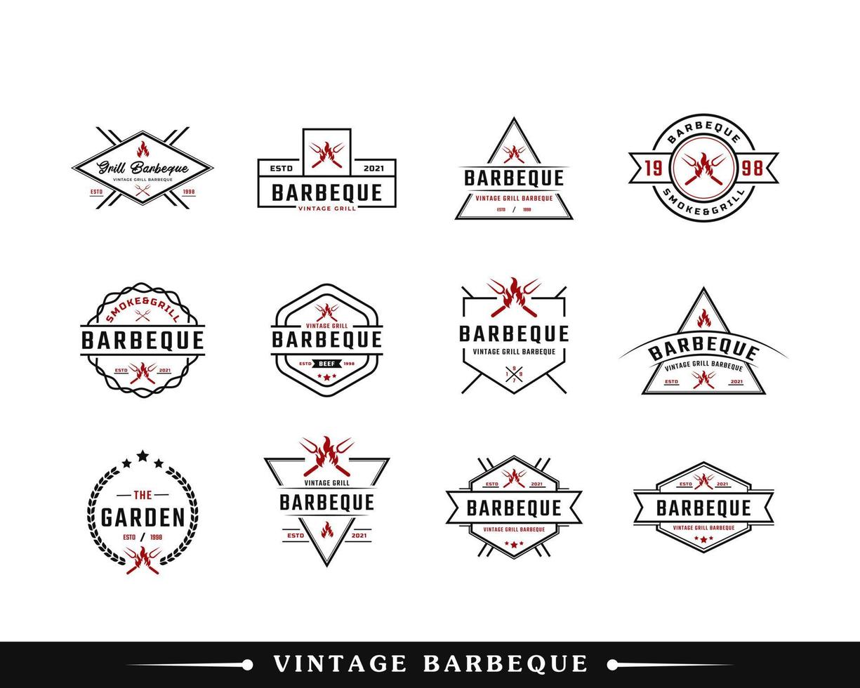 set di badge con etichetta retrò vintage classico per barbecue barbecue barbecue con forchetta incrociata e ispirazione per il design del logo della fiamma del fuoco vettore