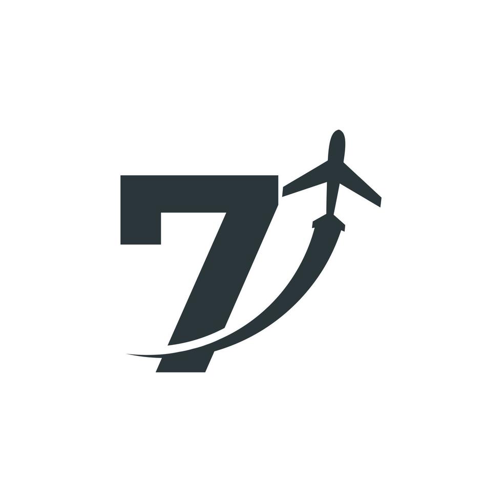 il numero 7 viaggia con l'elemento del modello di progettazione del logo di volo dell'aeroplano vettore