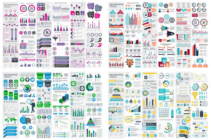 Insieme del modello di progettazione di vettore di visualizzazione di dati di elementi infographic. Può essere utilizzato per passaggi, opzioni, processi aziendali, flusso di lavoro, diagramma, concetto di diagramma di flusso, cronologia, icone di marketi