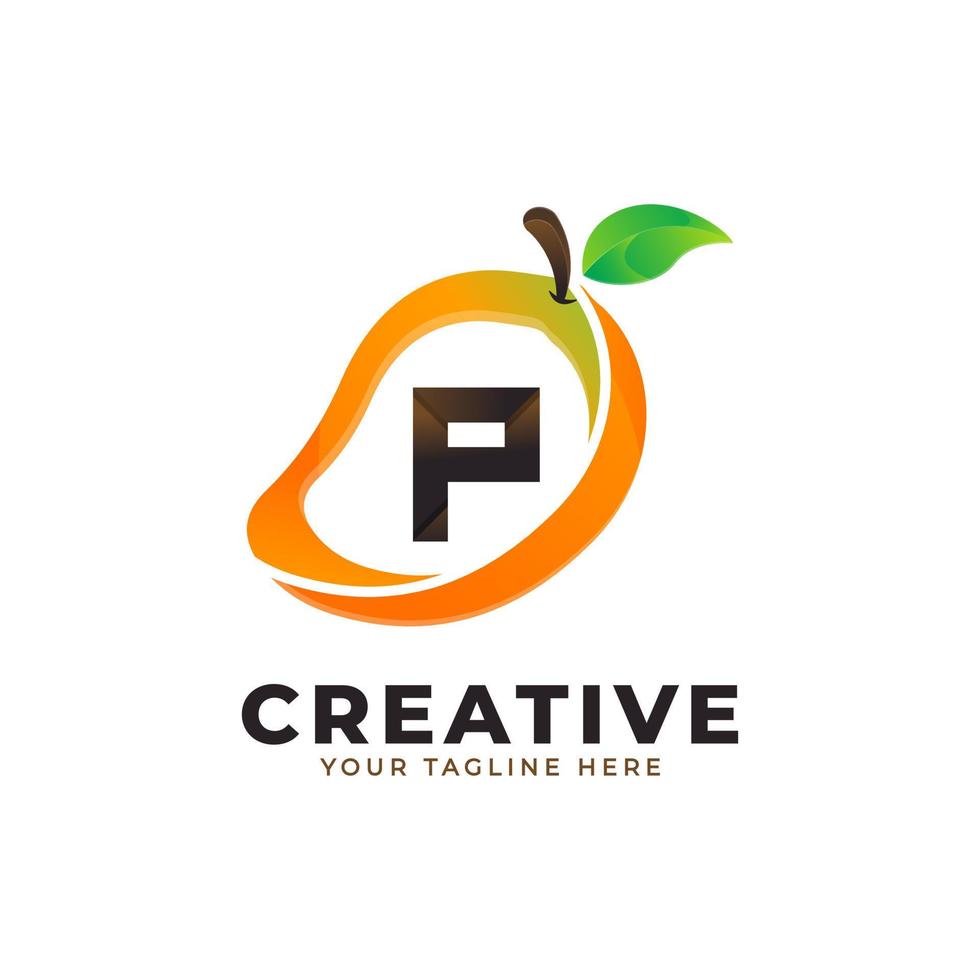 logo della lettera p in frutta fresca di mango con uno stile moderno. i loghi di identità di marca progettano il modello dell'illustrazione di vettore