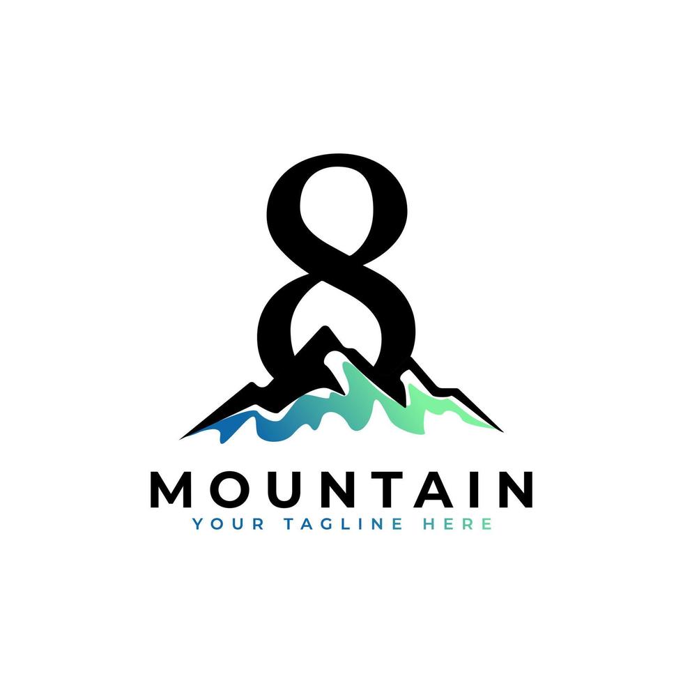 logo della montagna numero otto. esplorare l'elemento del modello del logo dell'azienda simbolo dell'avventura della montagna. vettore