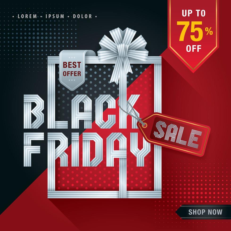 banner del modello di vendita del black friday moderno, etichetta astratta del nastro del black friday, confezione regalo con nastro. modello di banner pubblicitario. vettore