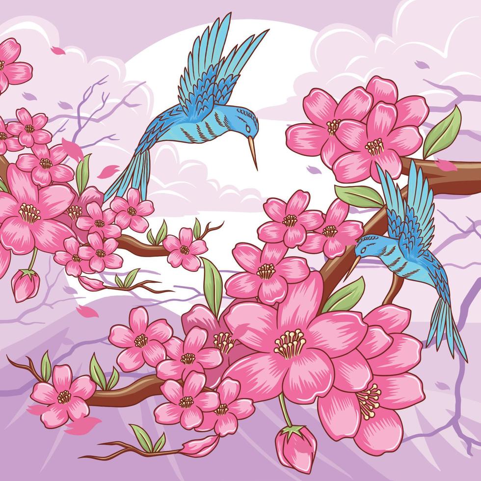 fiori di ciliegio con colibrì vettore