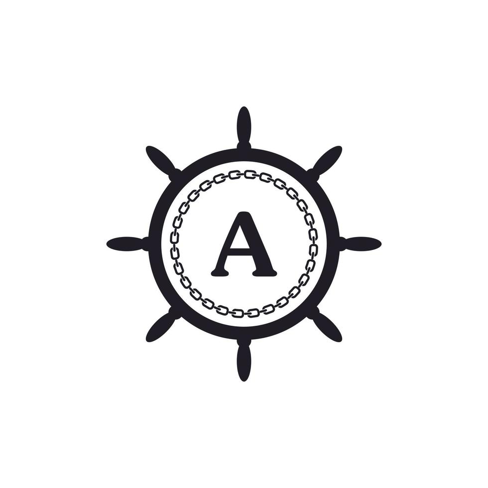 lettera a volante interno della nave e icona della catena circolare per l'ispirazione del logo nautico vettore