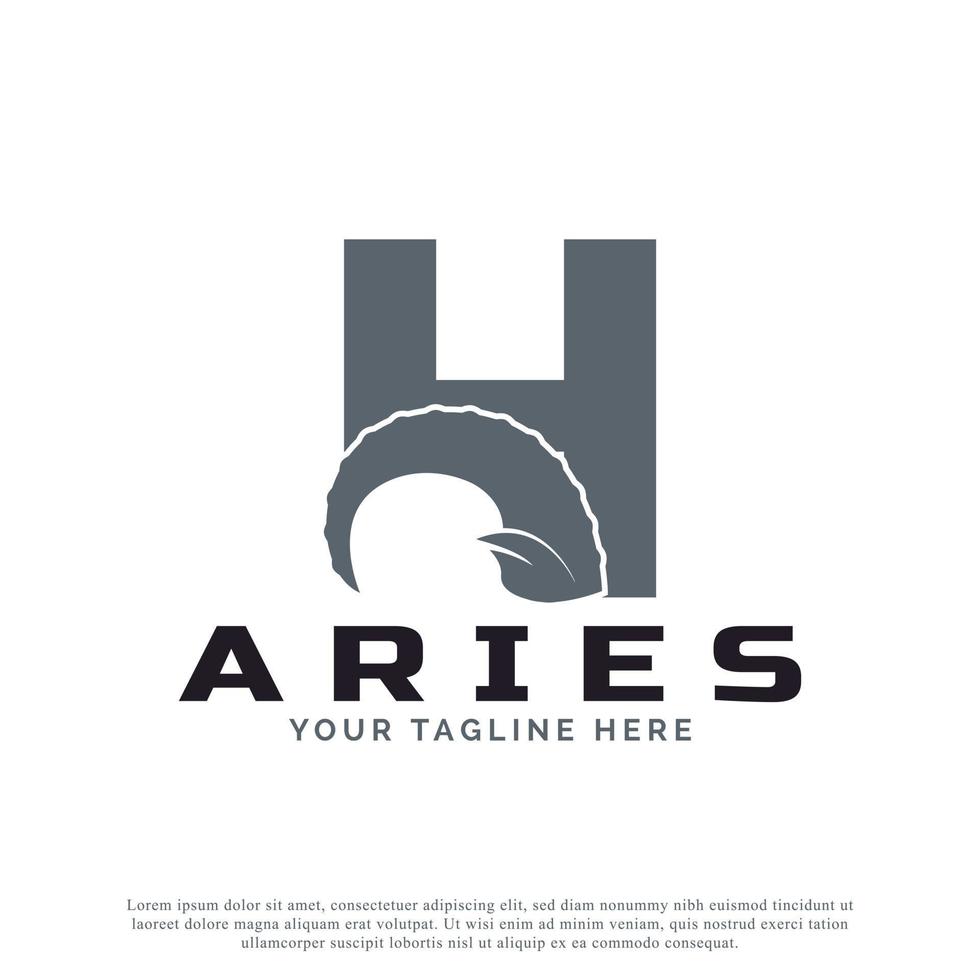 lettera iniziale h con corno di pecora montone di capra per ispirazione per il design del logo ariete. modello di elemento logo animale vettore