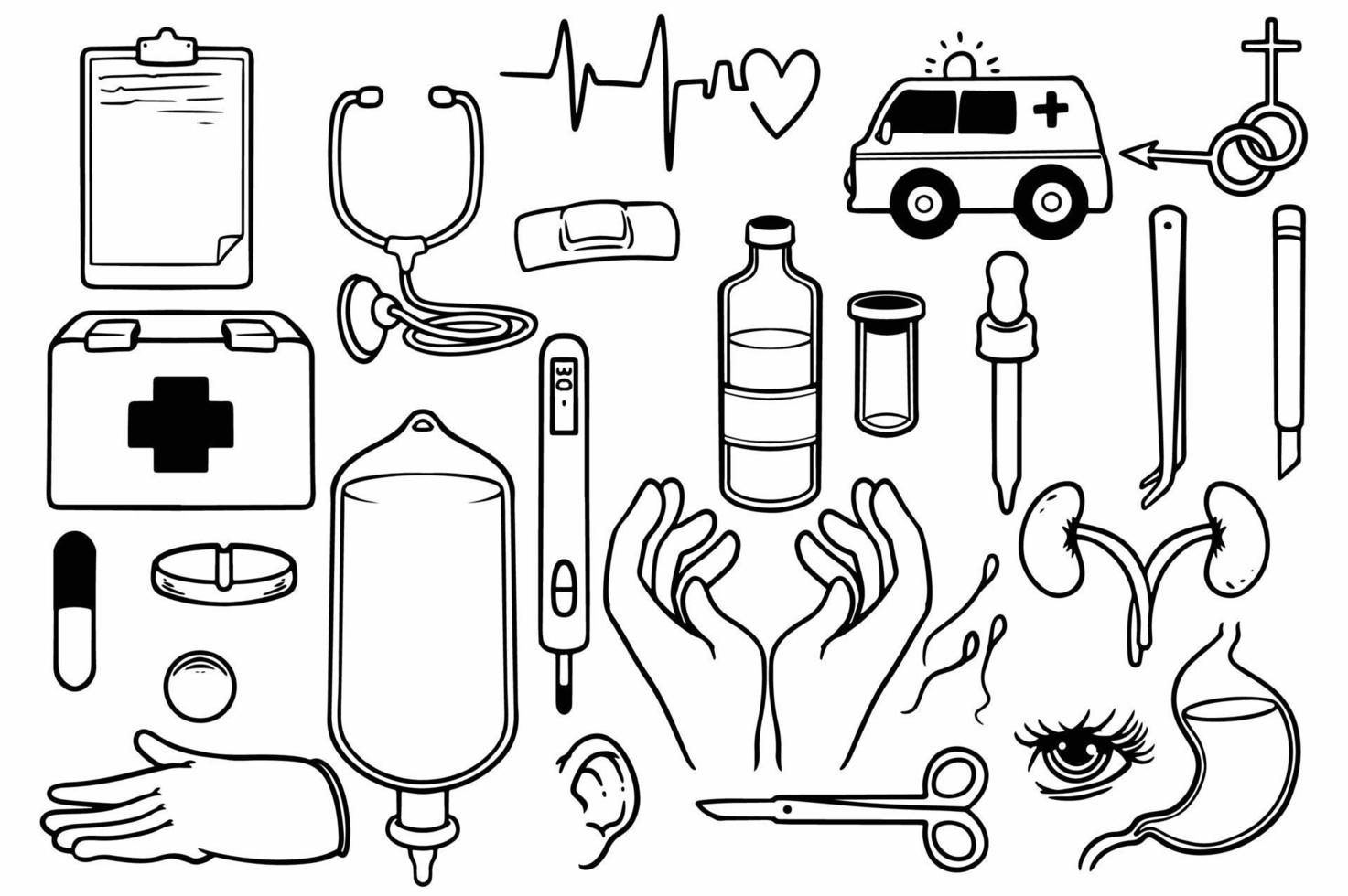 insieme disegnato a mano di materiale per attrezzature mediche doodle su sfondo bianco. vettore