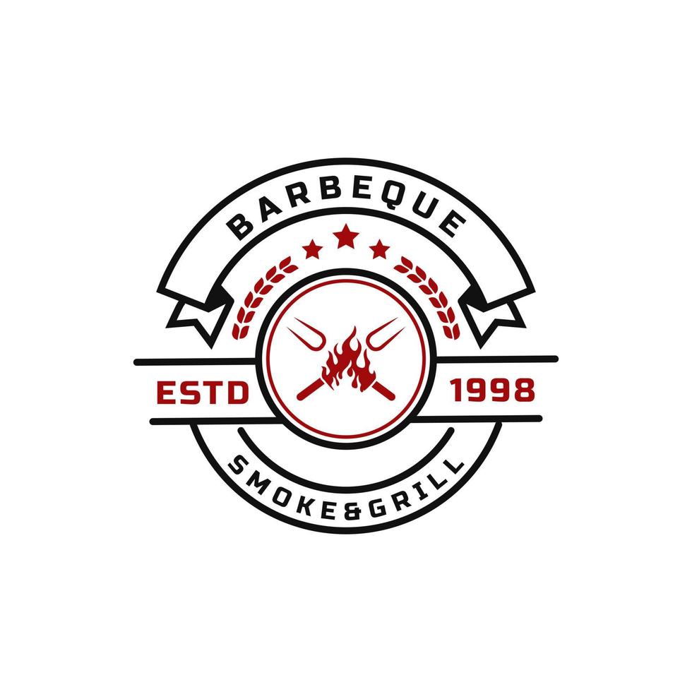 distintivo retrò vintage per barbecue barbecue barbecue con forcella incrociata e simbolo di design emblema logo fiamma fuoco vettore