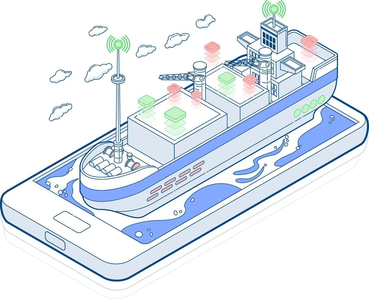 illustrazione di una nave su uno smartphone vettore