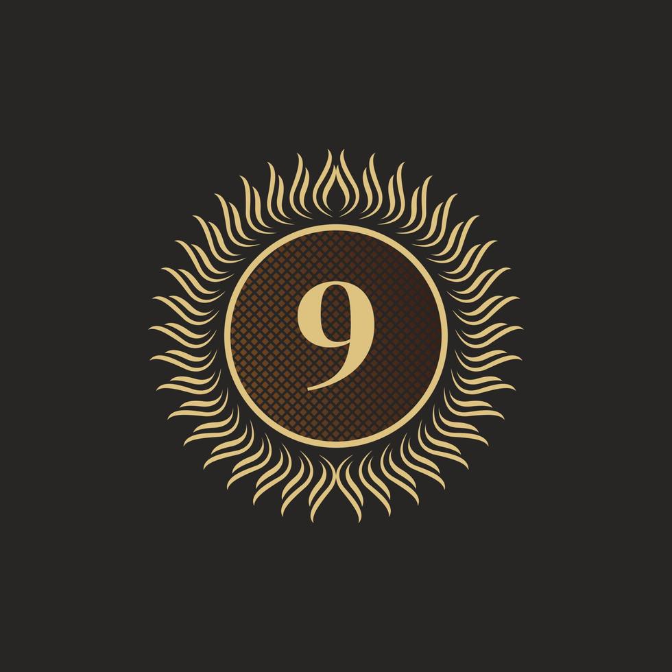 emblema numero 9 design monogramma d'oro. modello di logo volumetrico di lusso. Ornamento di linea 3d per segno aziendale, badge, stemma, etichetta, marchio boutique, hotel, ristorante, araldico. illustrazione vettoriale