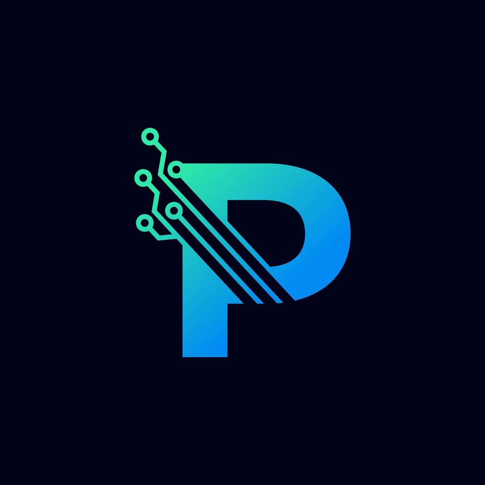 logo della lettera p tecnica. modello di logo vettoriale futuristico con sfumatura di colore verde e blu. forma geometrica. utilizzabile per loghi aziendali e tecnologici.