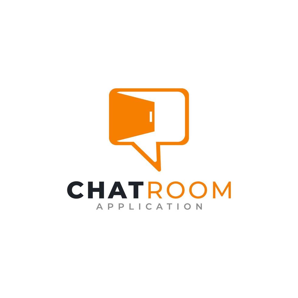 design del logo della chat room. messaggio di chat con illustrazione vettoriale del modello del logo della porta dello spazio negativo