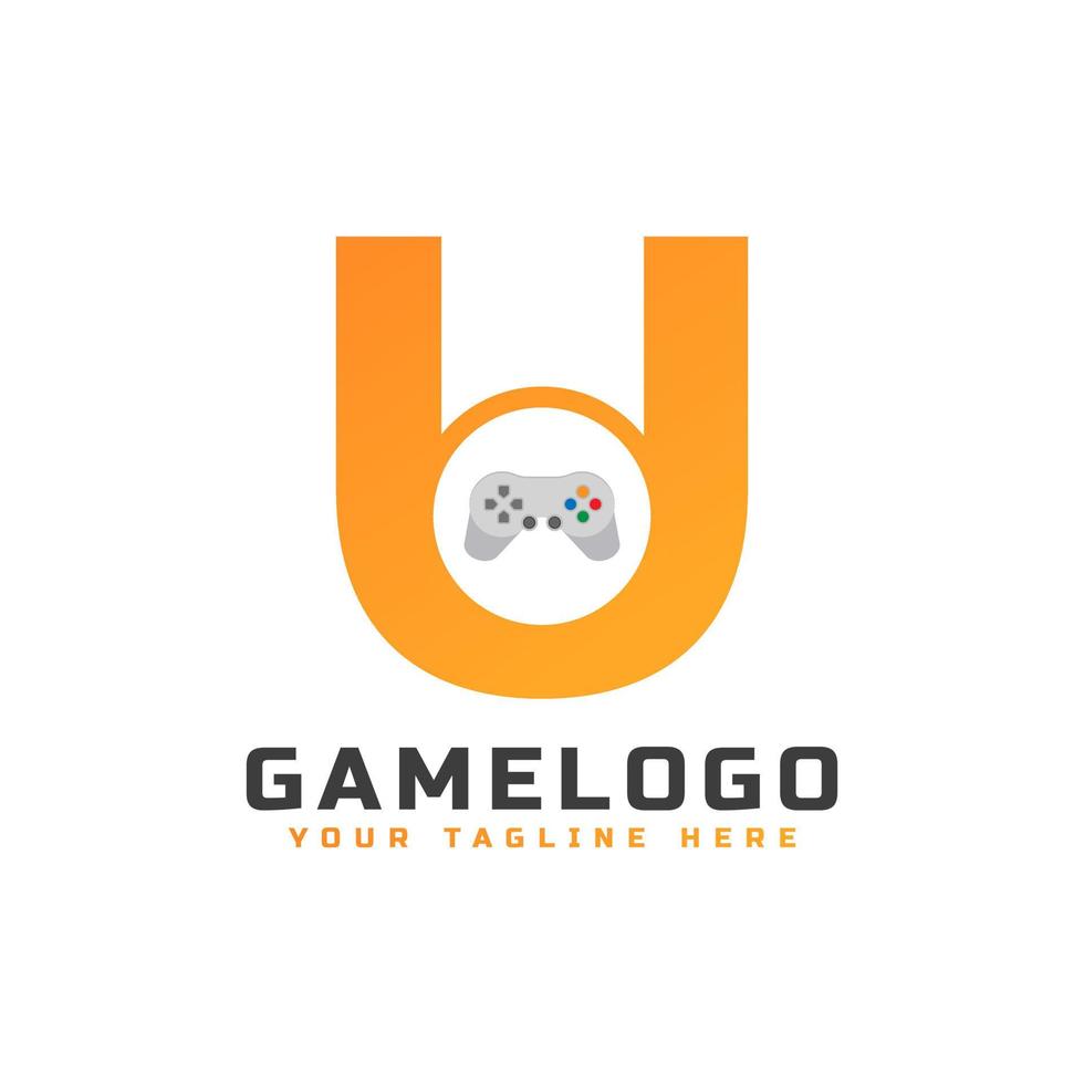 lettera iniziale u con icona della console di gioco e pixel per il concetto di logo di gioco. utilizzabile per loghi di applicazioni aziendali, tecnologiche e di avvio di giochi. vettore