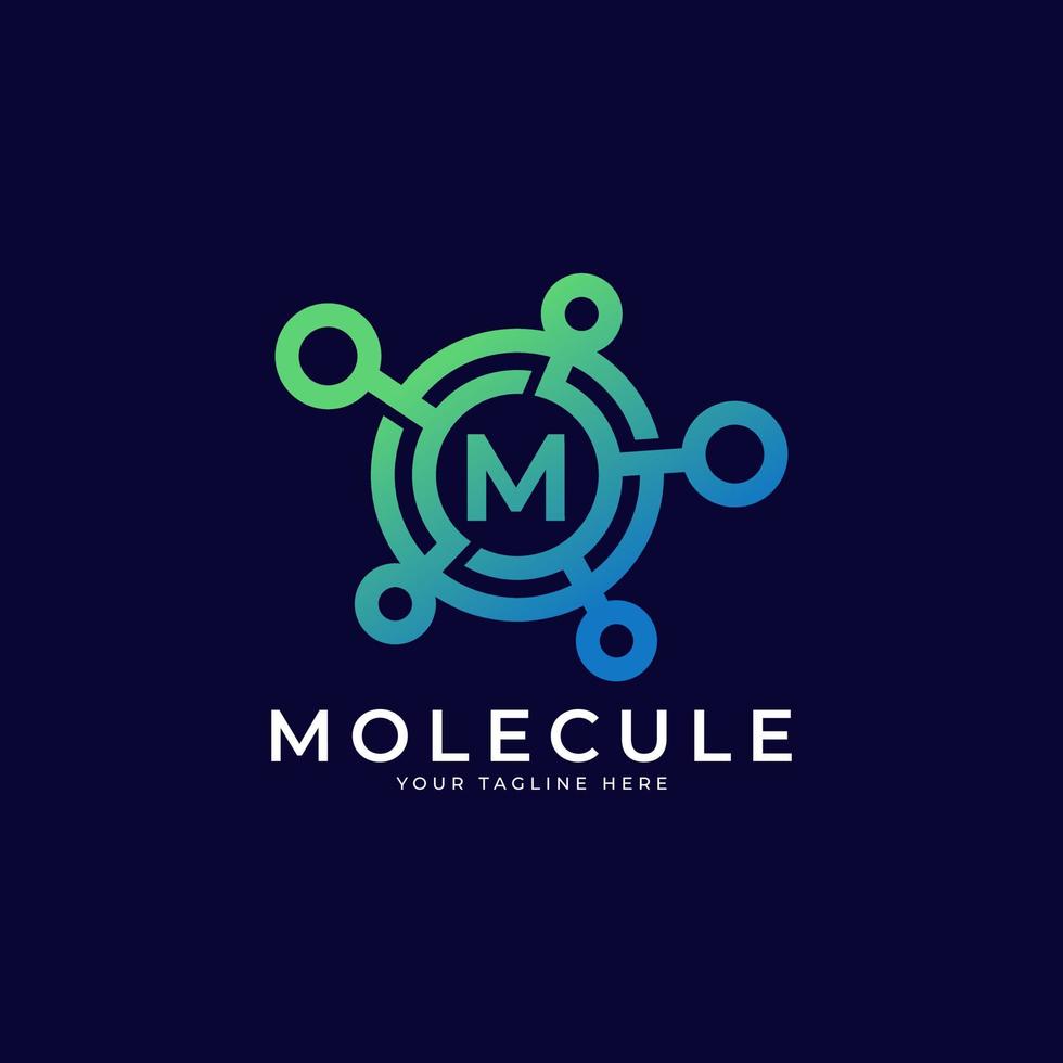 logo medico. elemento del modello di progettazione del logo della molecola della lettera iniziale m. vettore
