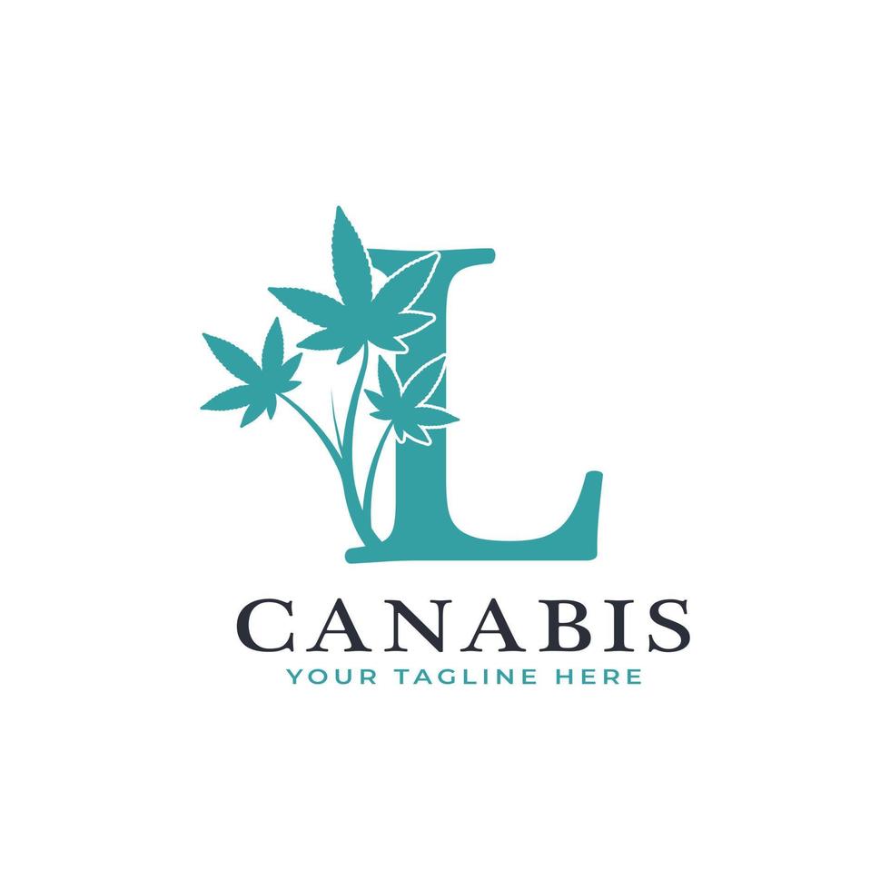 lettera l verde canabis logo alfabeto con foglia di marijuana medica. utilizzabile per loghi aziendali, scientifici, sanitari, medici e naturali. vettore