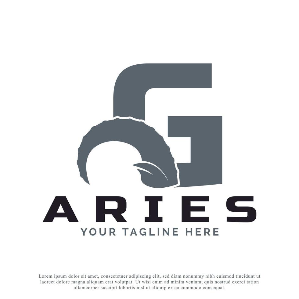 lettera iniziale g con corno di pecora montone di capra per ispirazione per il design del logo ariete. modello di elemento logo animale vettore