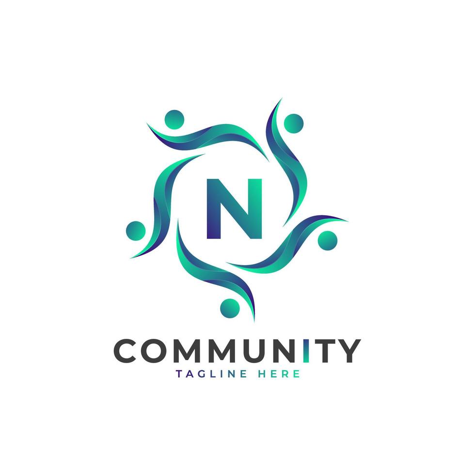 lettera iniziale della comunità n che collega il logo delle persone. forma geometrica colorata. elemento del modello di progettazione logo vettoriale piatto.