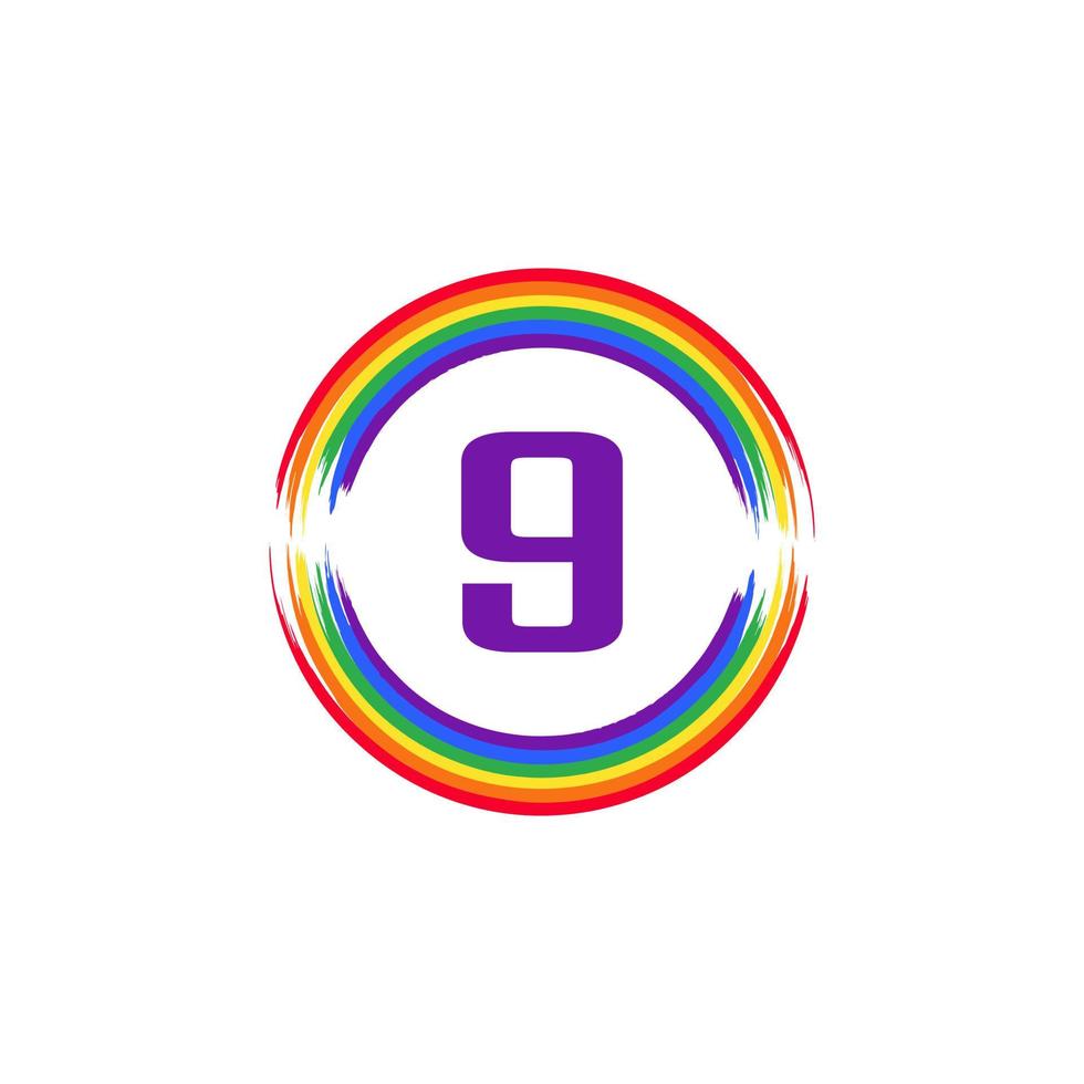 numero 9 all'interno circolare colorato in colore arcobaleno bandiera pennello logo design ispirazione per il concetto lgbt vettore