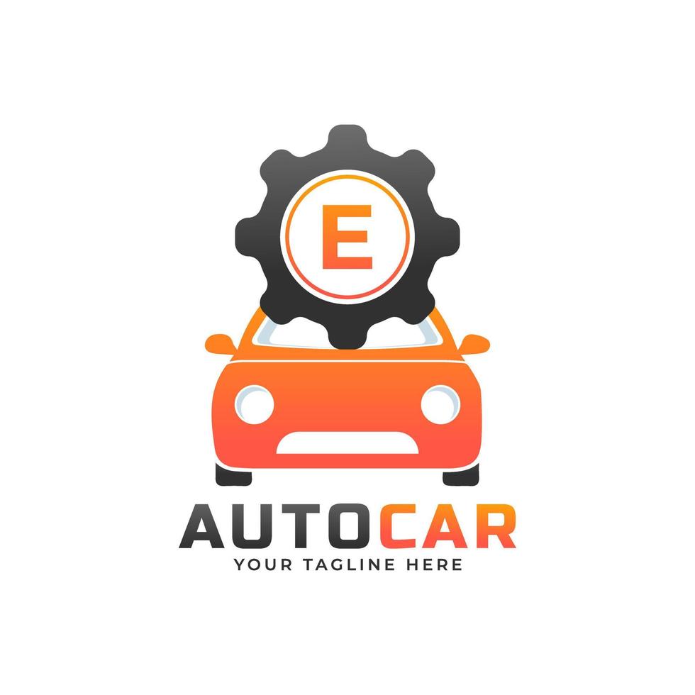 lettera e con vettore di manutenzione auto. concept design del logo automobilistico del veicolo sportivo.