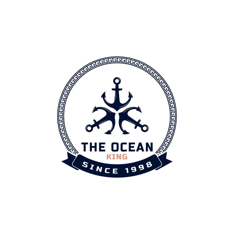 emblema dell'ancora del re nautico vintage. ancora e corona per distintivi marini elemento del modello di progettazione del logo della barca della nave vettore