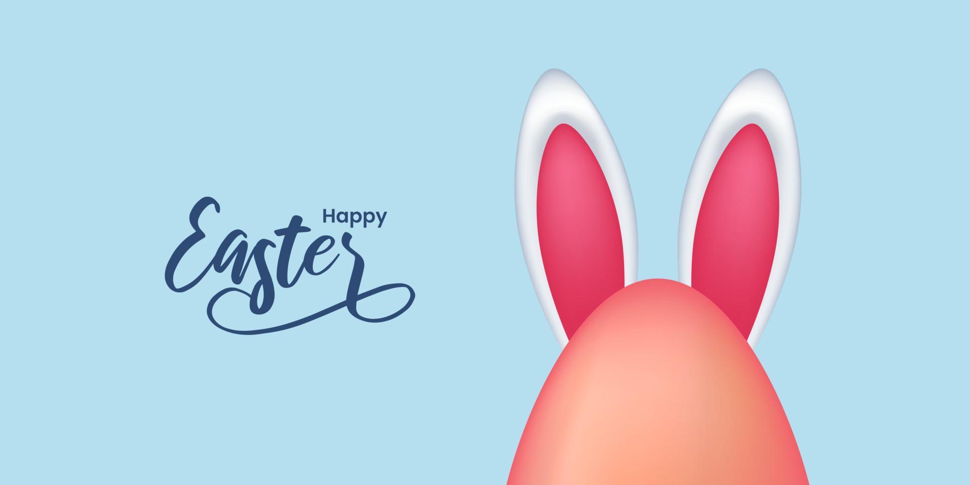 banner di buona pasqua semplice elegante con coniglietto di orecchie con concetto di illustrazione di uova pastello rosa vettore