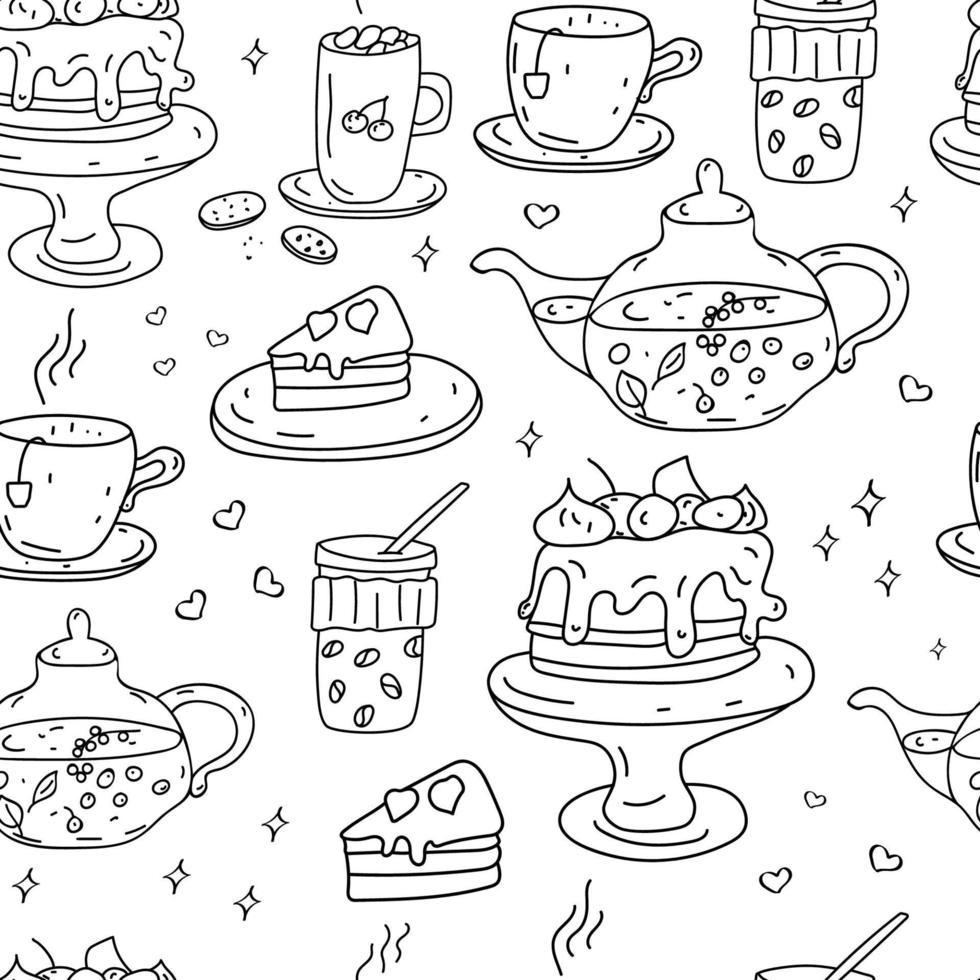 modello di doodle di dolci. torta di compleanno, una tazza di tè, caffè e una teiera con tè alla frutta. sfondo vettoriale disegnato a mano. contorno nero isolato su sfondo bianco.