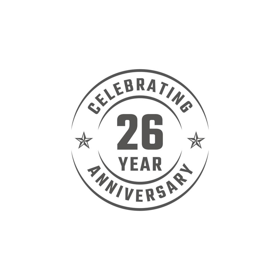 Distintivo dell'emblema della celebrazione dell'anniversario di 26 anni con colore grigio per eventi celebrativi, matrimoni, biglietti di auguri e inviti isolati su sfondo bianco vettore
