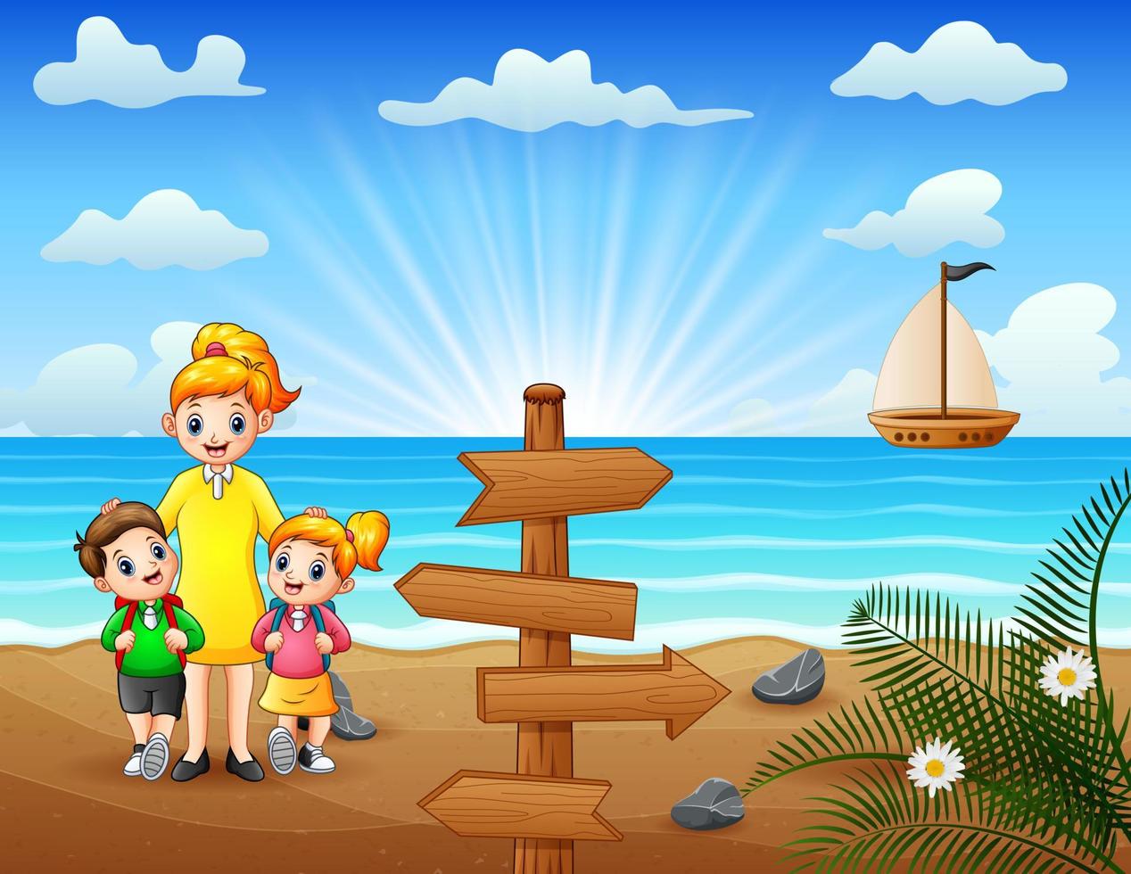 famiglia felice che cammina sulla spiaggia vettore