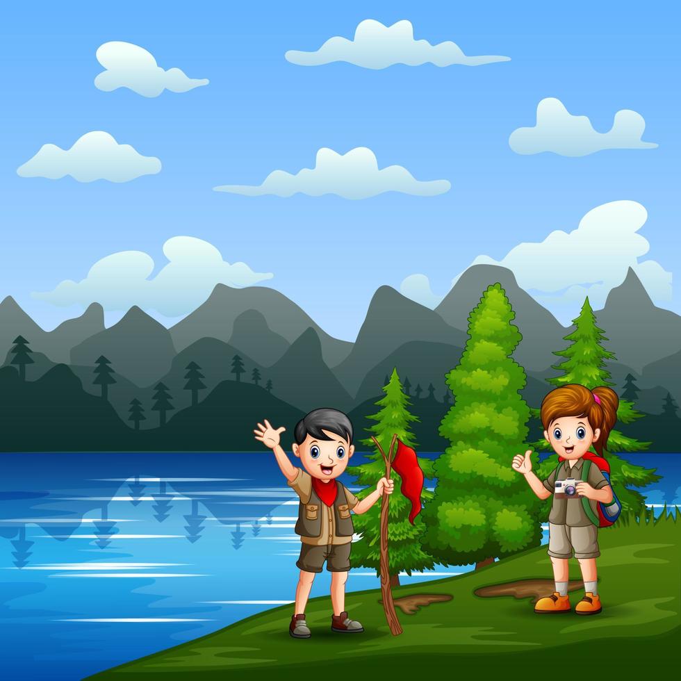 cartone animato scout ragazzo sulla riva del fiume vettore