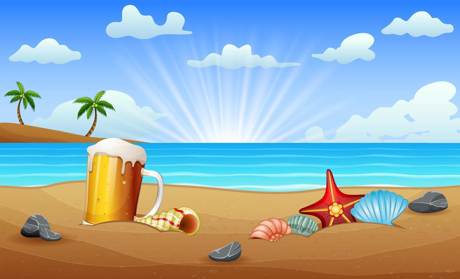 un bicchiere di birra e stelle marine di conchiglie sulla sabbia del mare vettore