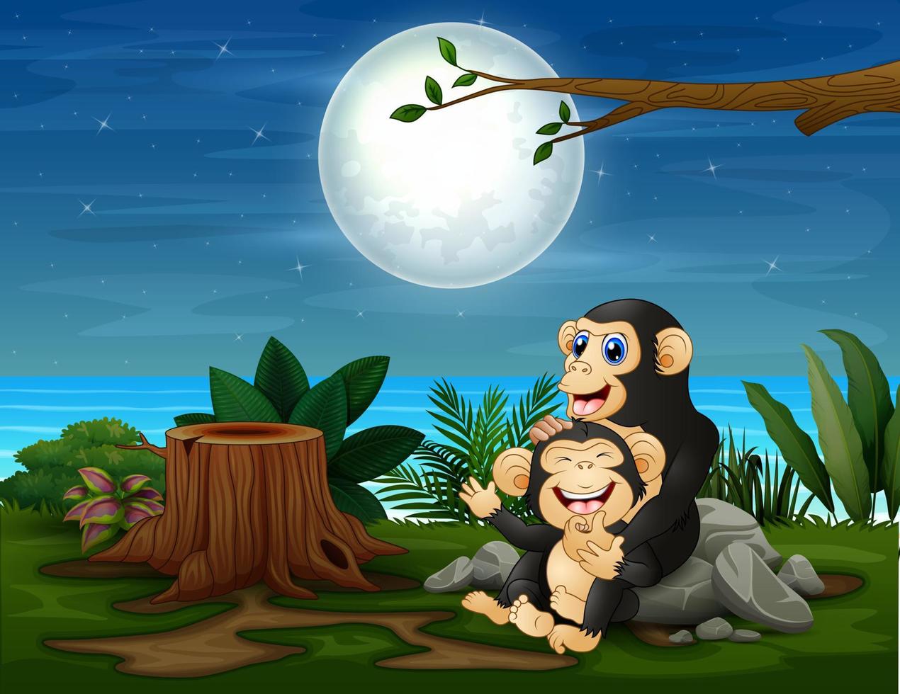 lo scimpanzé si diverte al paesaggio notturno vettore