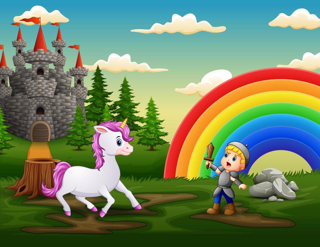 piccolo cavaliere combatte un unicorno nel cortile del castello vettore