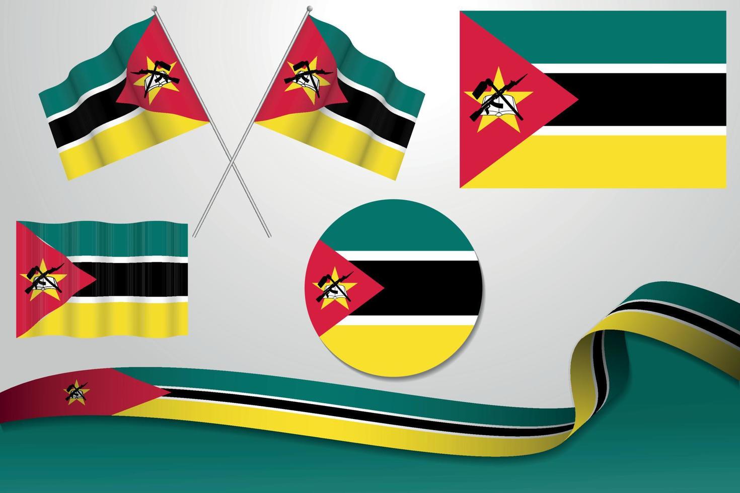set di bandiere del Mozambico in diversi design, icona, bandiere sventolanti con nastro con sfondo. vettore libero