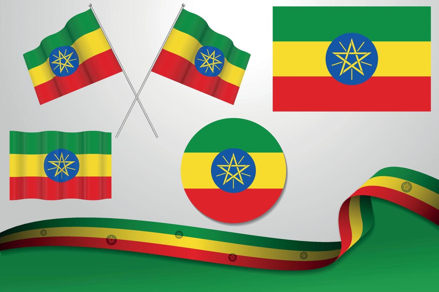 set di bandiere dell'Etiopia in diversi modelli, icona, bandiere sventolanti con nastro con sfondo. vettore libero