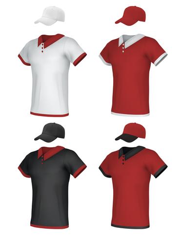 Set di modelli maschili in bianco e polo uniforme. vettore