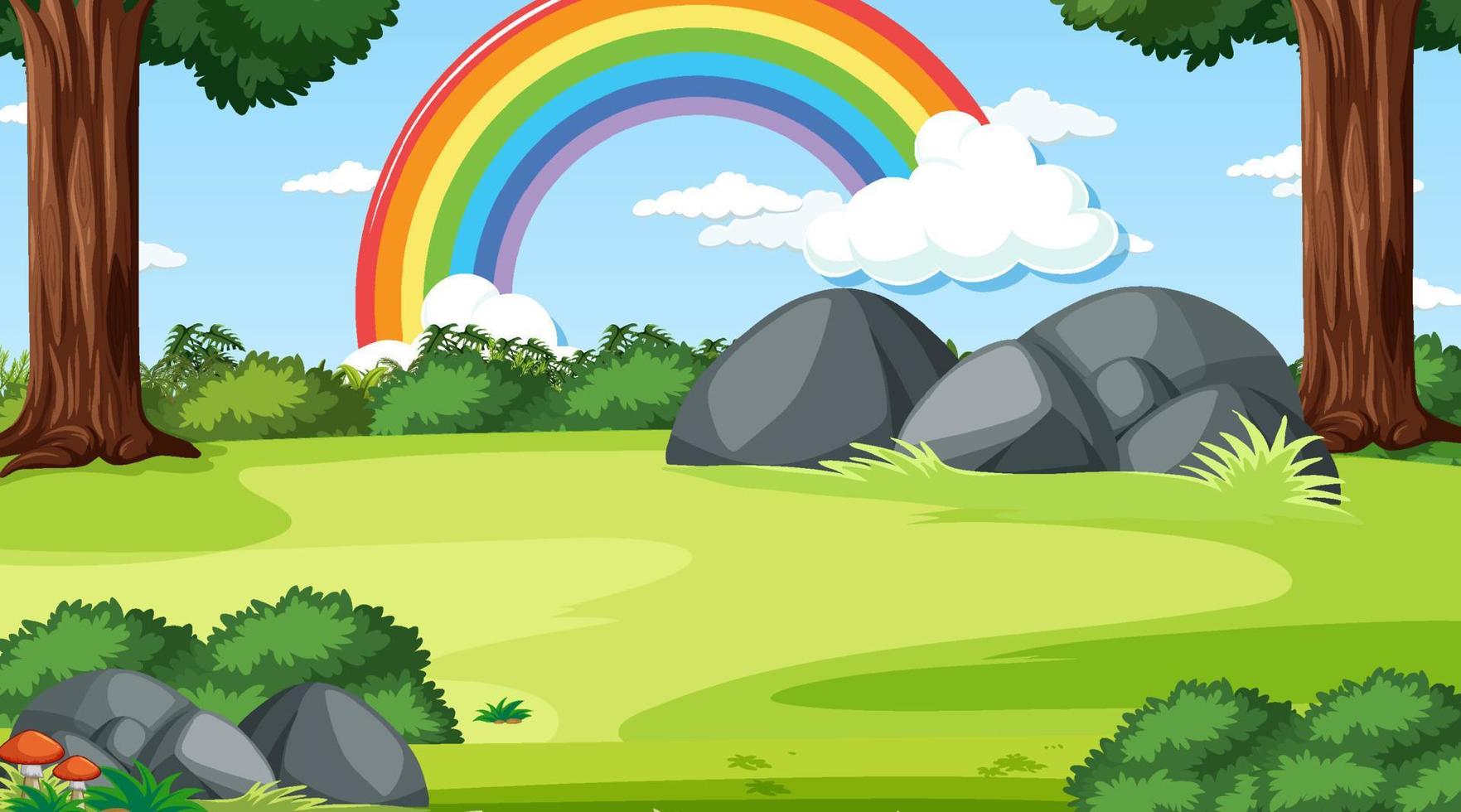 scena della foresta naturale con arcobaleno nel cielo vettore