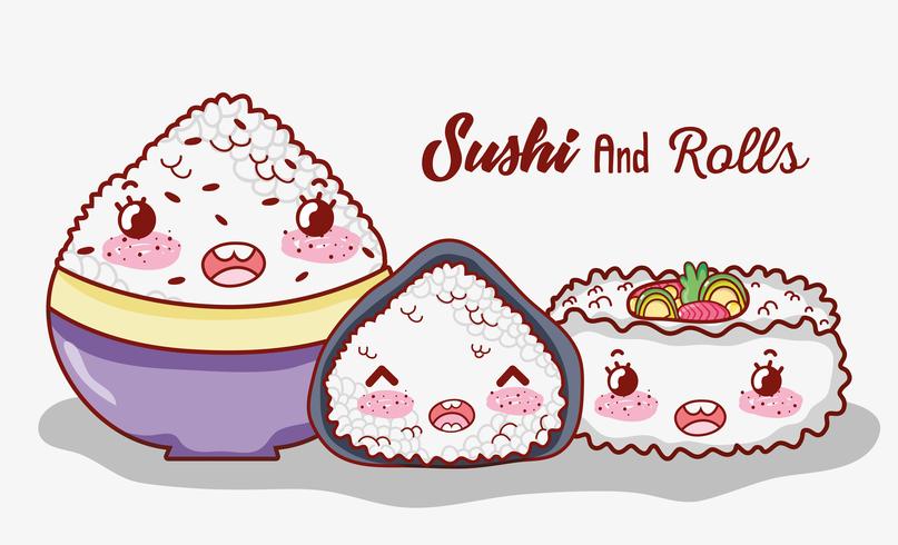 Sushi e involtini simpatici cartoni kawaii vettore