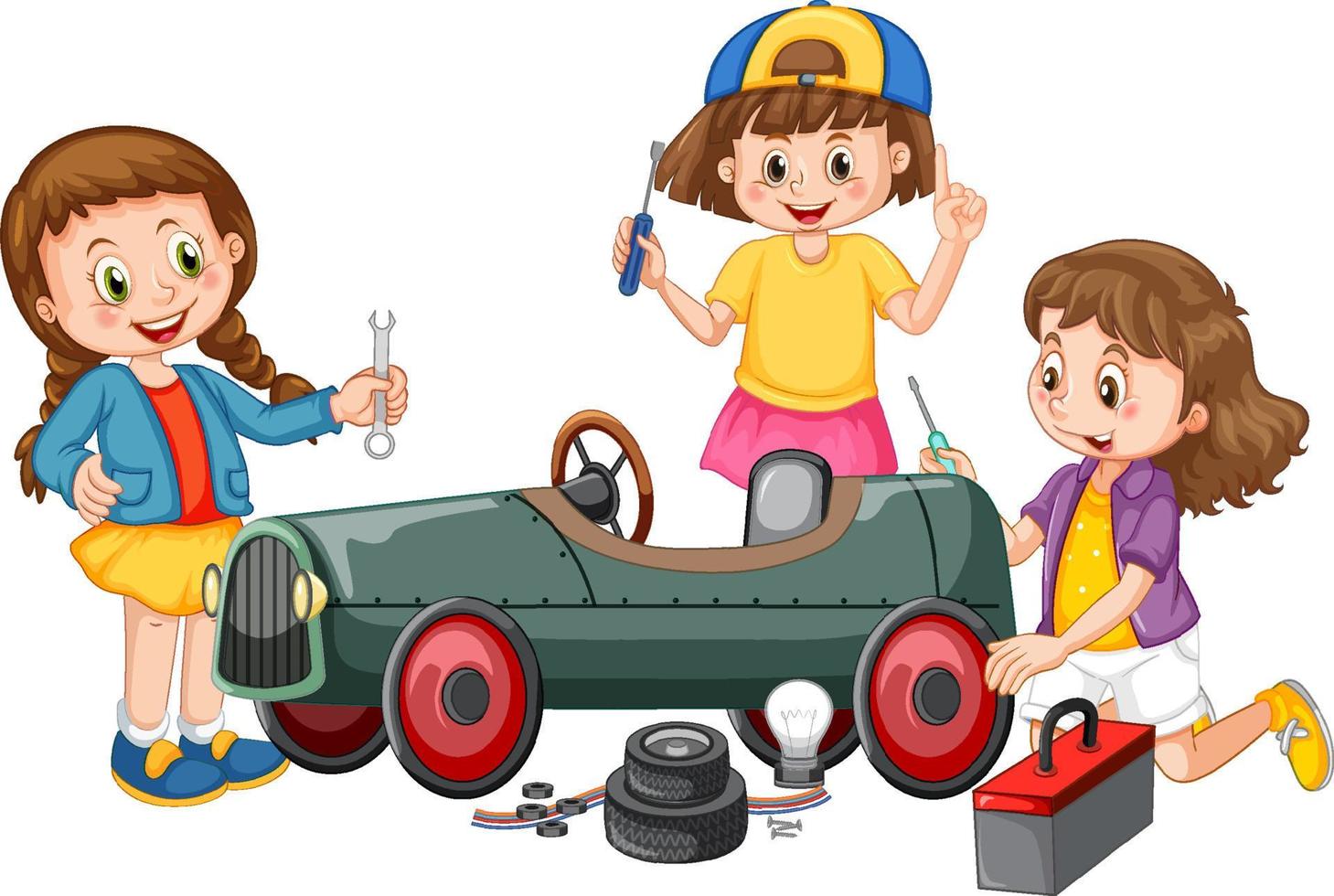 bambini che riparano un'auto insieme vettore