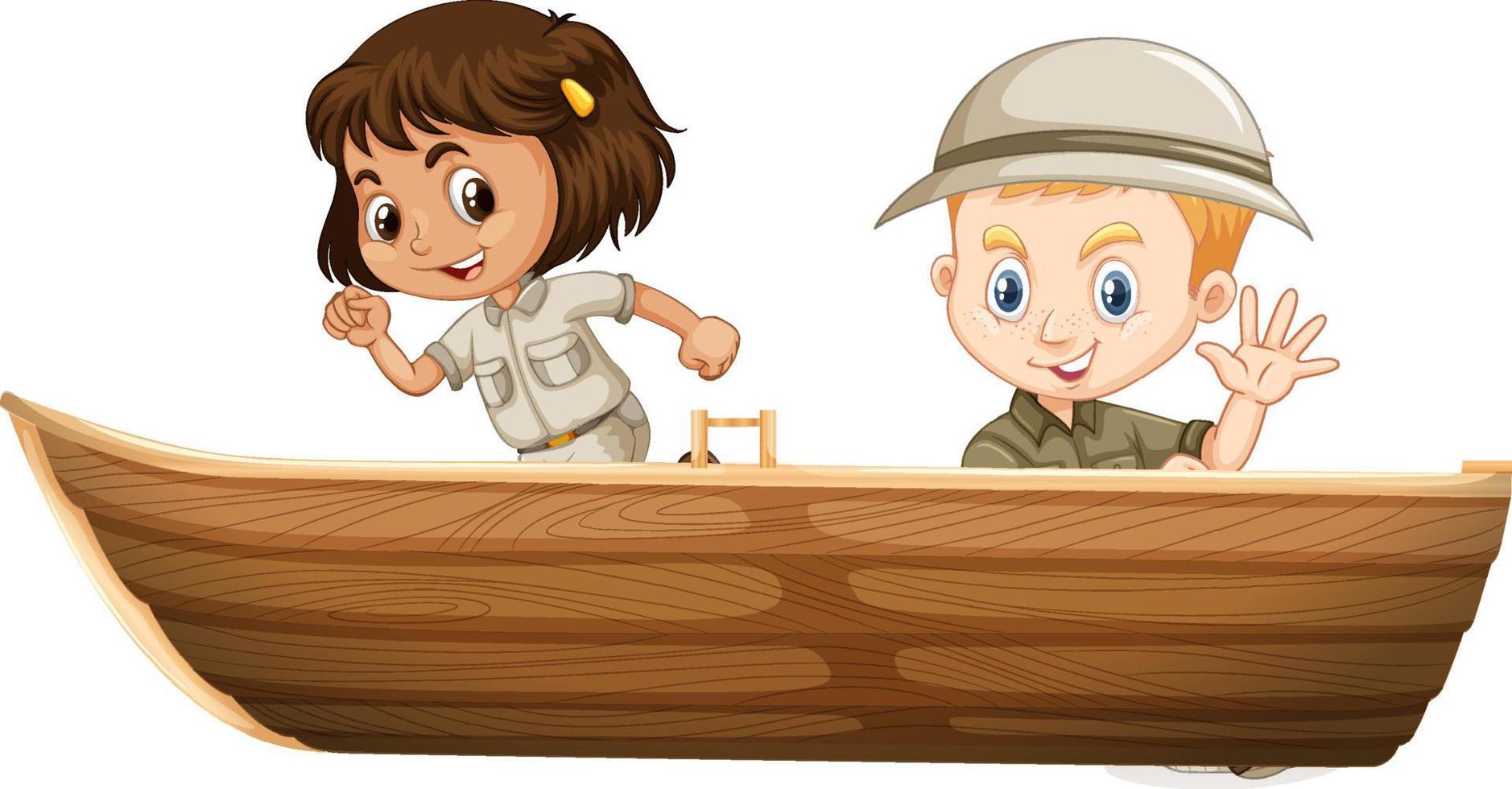ragazzo e ragazza in attrezzatura safari seduto su una barca su sfondo bianco vettore