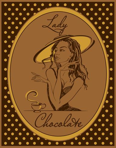 Cioccolata calda. L&#39;etichetta per la bevanda. Immagine retrò Ragazza elegante in un cappello. Vintage ▾. Cornice con pois. Vettore. vettore