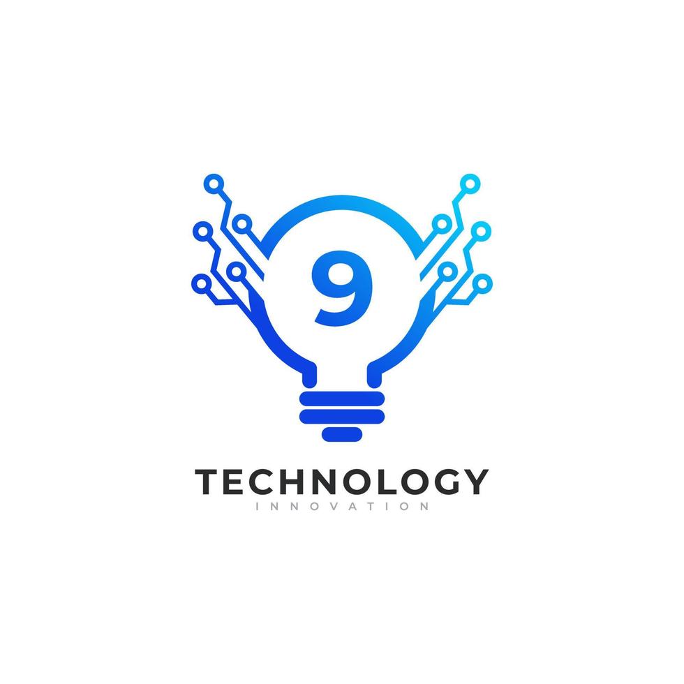 numero 9 all'interno dell'elemento del modello di progettazione del logo dell'innovazione della tecnologia della lampadina vettore