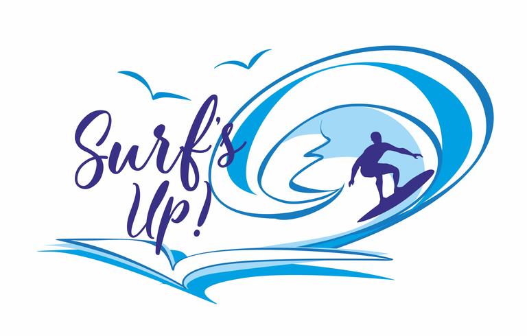 Surf up. Surf. Lettering. ILogo. È tempo di riposare e viaggiare. Paesaggio marino. Onda. Gabbiani. Illustrazione vettoriale