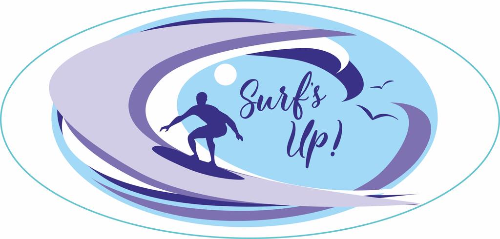 Surf up. Surf. Lettering. È tempo di riposare e viaggiare. Paesaggio marino. Onda. Gabbiani. Illustrazione vettoriale