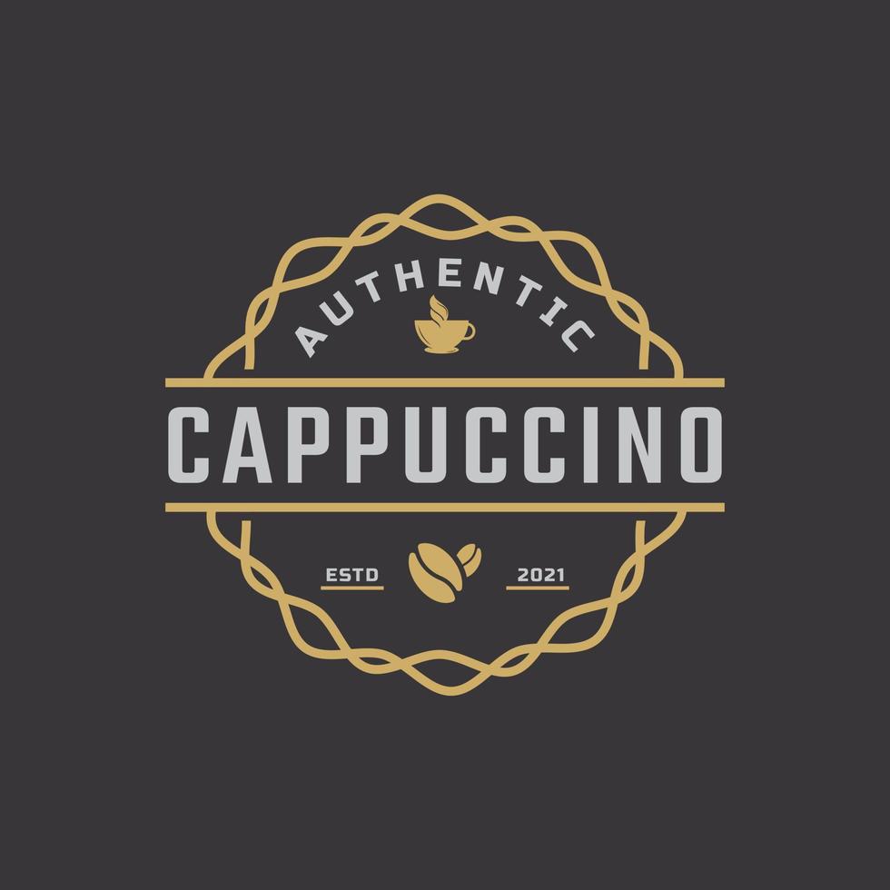 logo della caffetteria distintivo dell'emblema dell'annata con il simbolo della tazza e dei chicchi di caffè nell'illustrazione di vettore di stile retrò