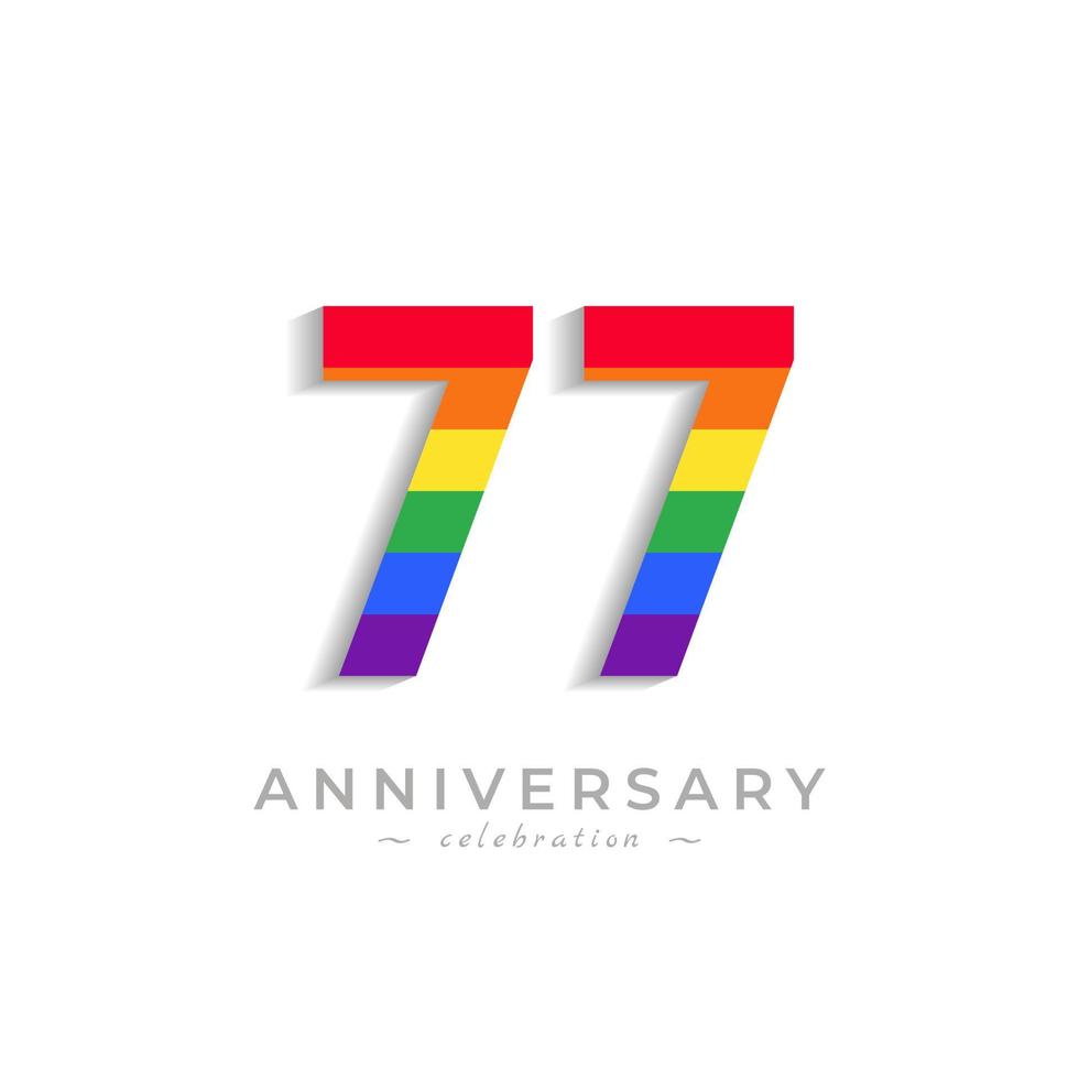 Celebrazione dell'anniversario di 77 anni con colore arcobaleno per eventi celebrativi, matrimoni, biglietti di auguri e inviti isolati su sfondo bianco vettore