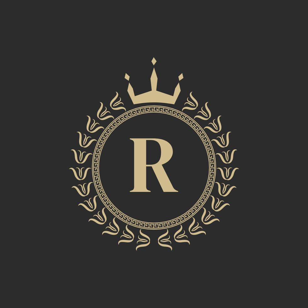 lettera iniziale r cornice reale araldica con corona e corona d'alloro. semplice emblema classico. composizione rotonda. stile grafico. elementi artistici per l'illustrazione vettoriale del design del logo