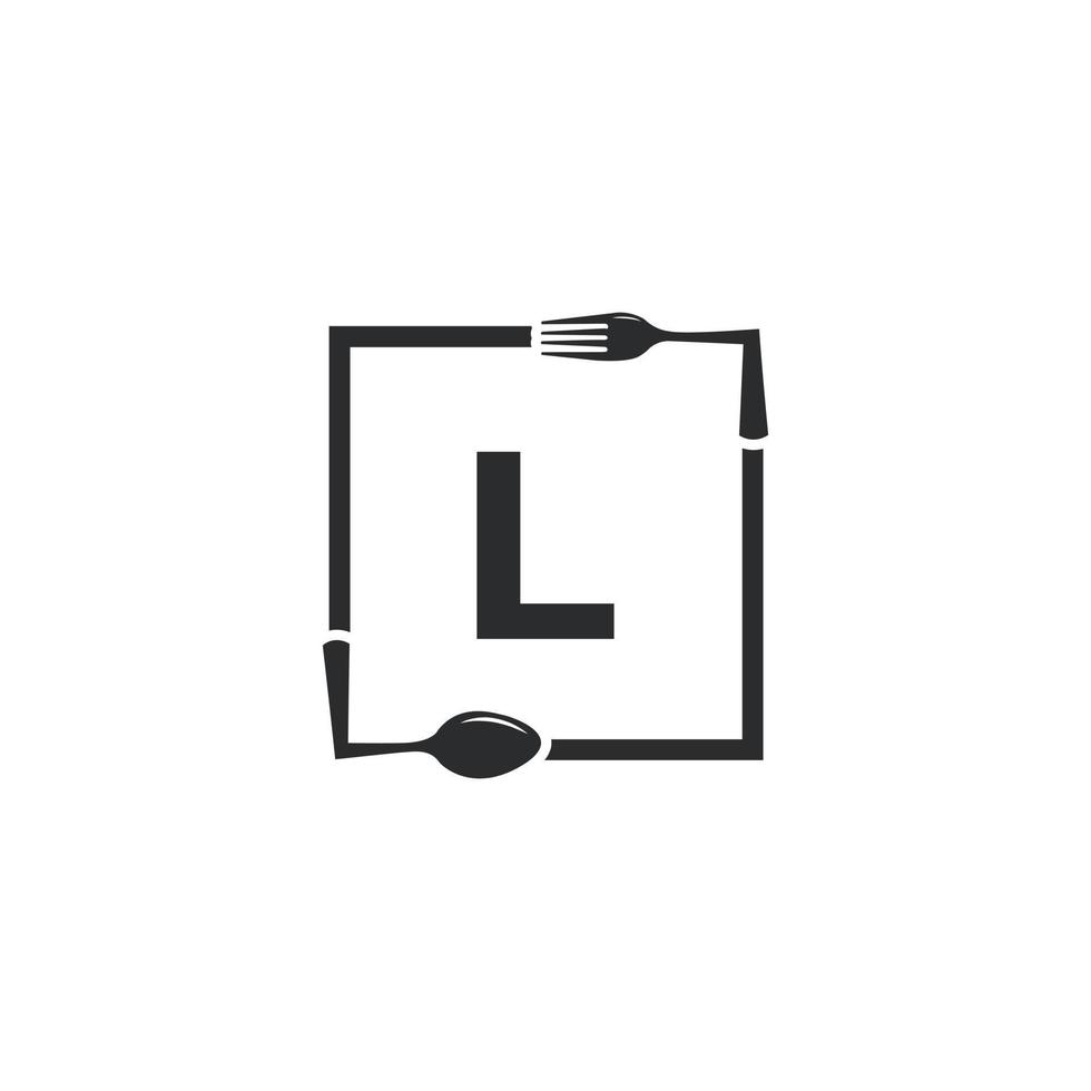 logo del ristorante. lettera iniziale l con forchetta cucchiaio per modello di progettazione icona logo ristorante vettore
