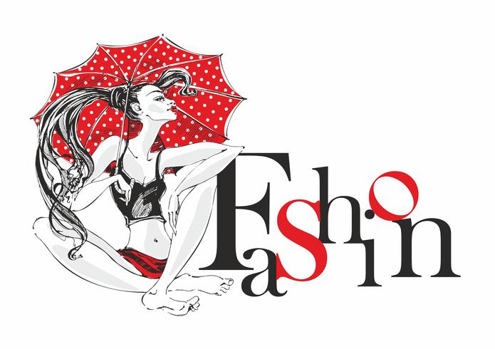 Industria della moda. Ragazza modello con ombrello in posa. Moda. Iscrizione decorativa Donna modello di bellezza Vettore. vettore
