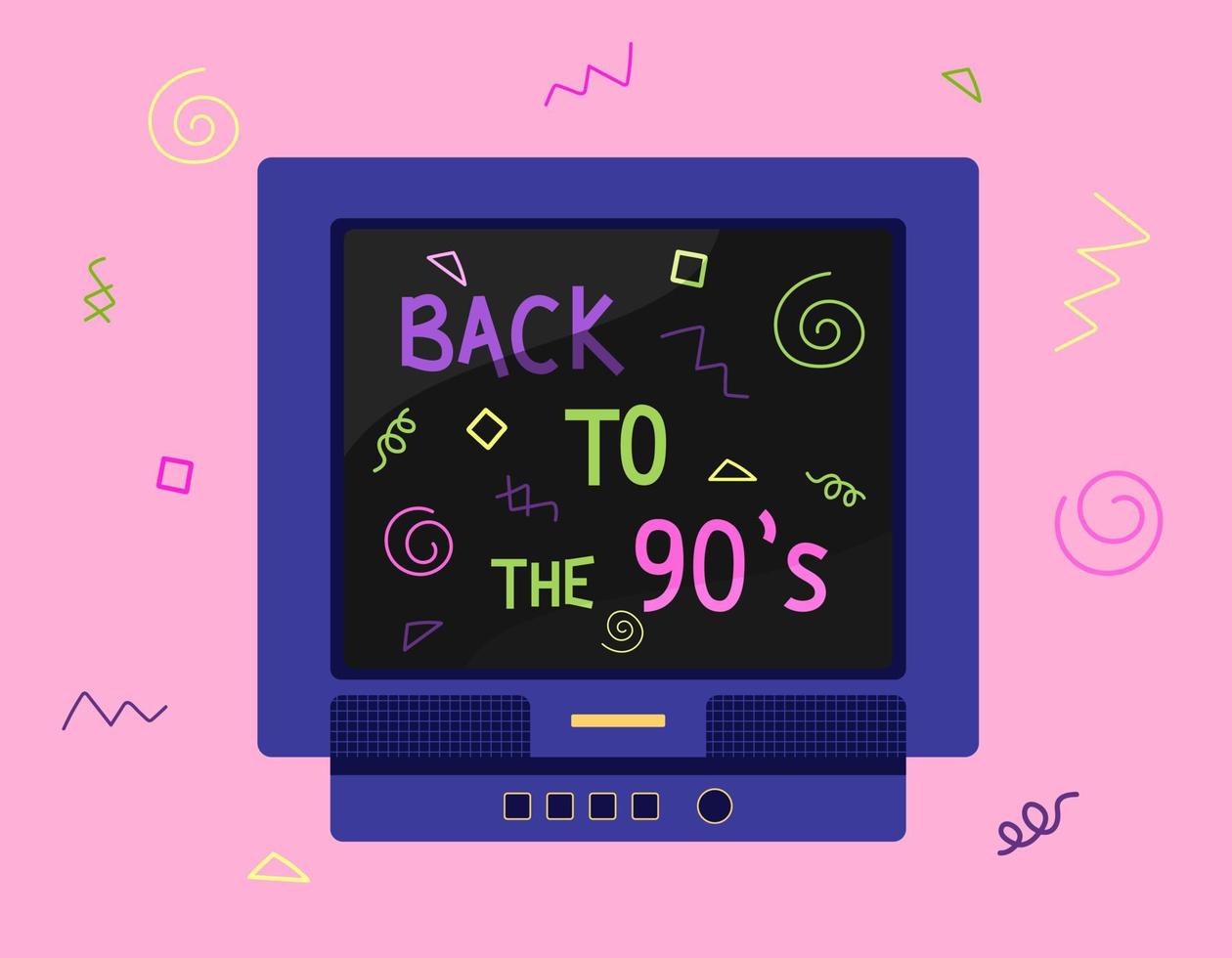 torna all'illustrazione piatta vettoriale degli anni '90. tv retrò con testo lettering e vibrante ornamento geometrico. poster disegnato a mano anni '90